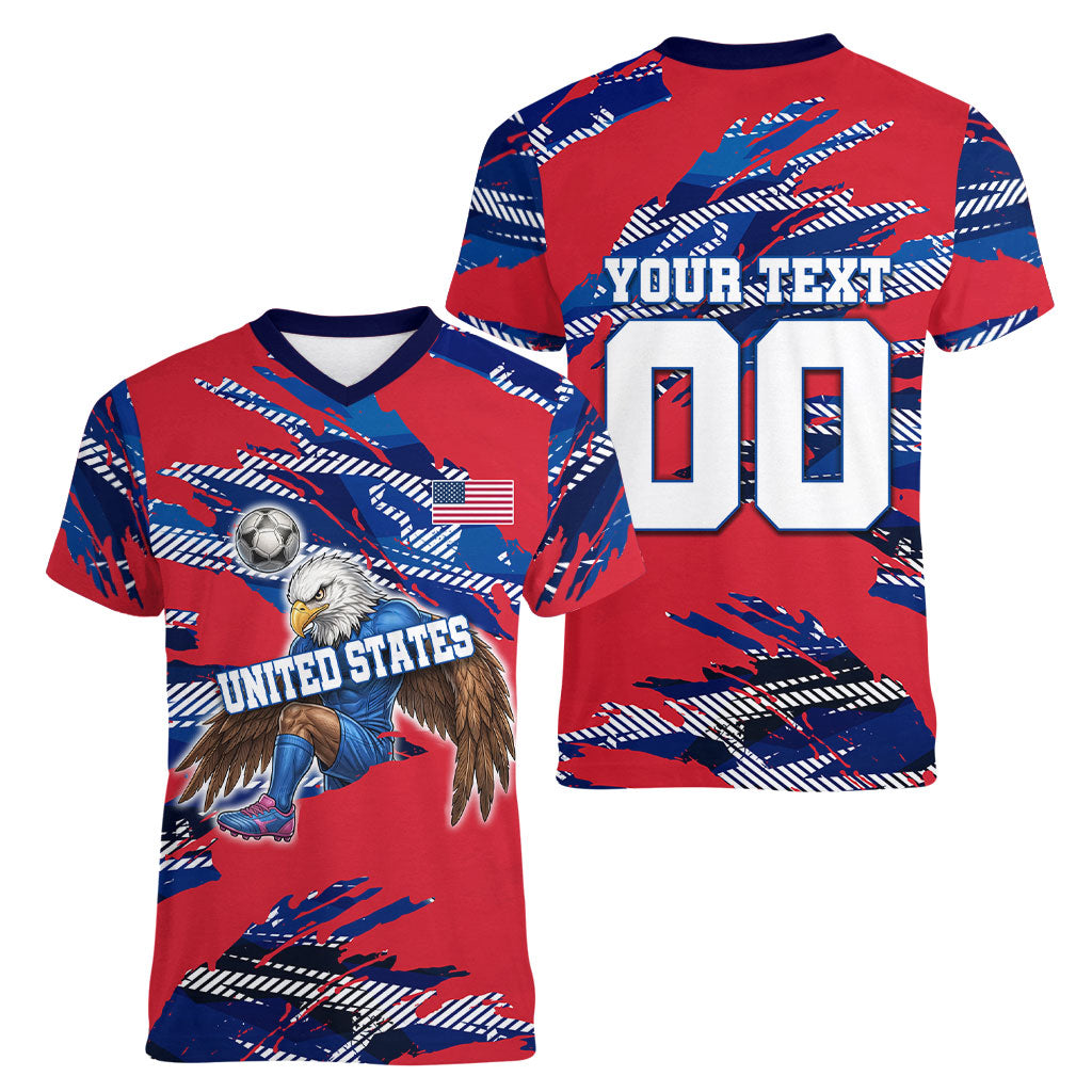 Personalized United States Soccer Eagle Women V-Neck T-Shirt American Flag Grunge Patriot Art