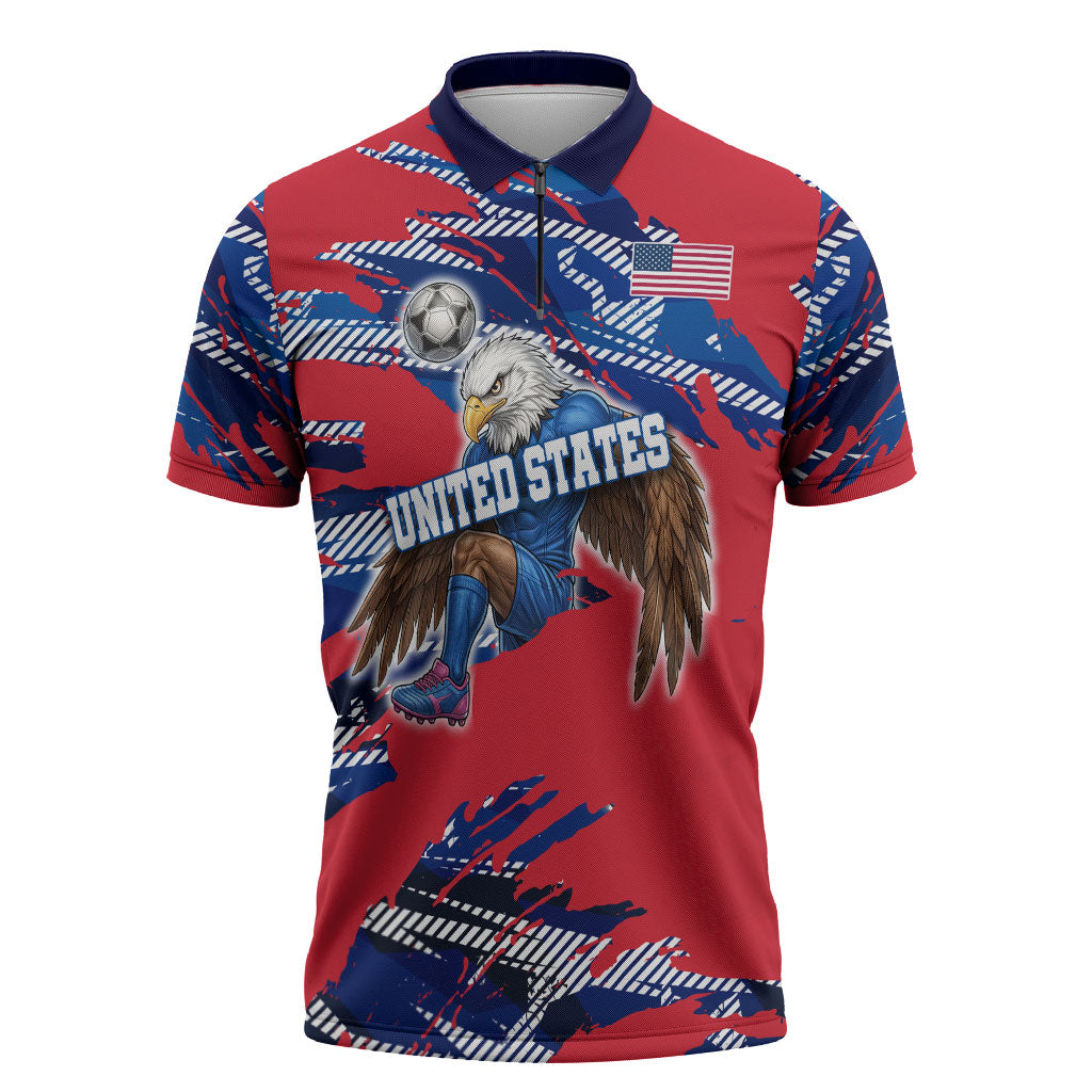 Personalized United States Soccer Eagle Zipper Polo Shirt American Flag Grunge Patriot Art