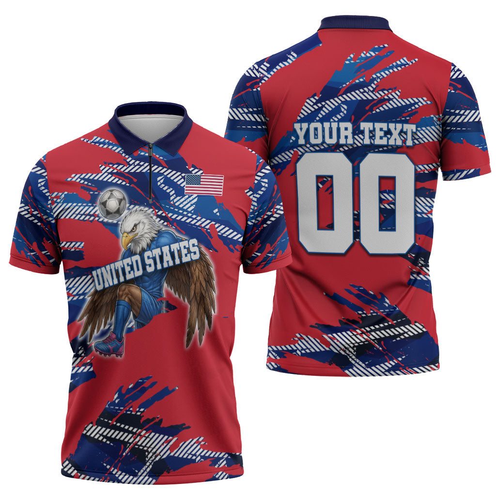 Personalized United States Soccer Eagle Zipper Polo Shirt American Flag Grunge Patriot Art