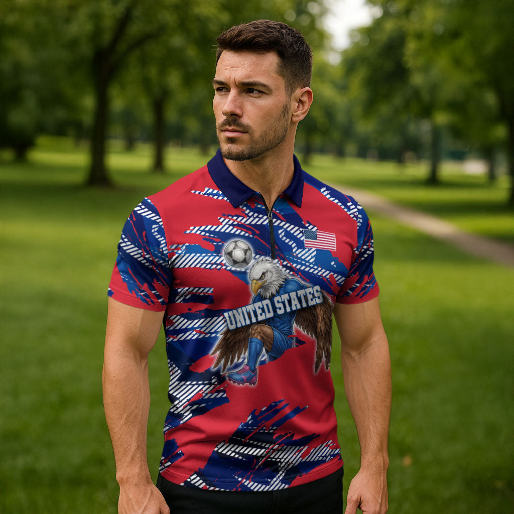 Personalized United States Soccer Eagle Zipper Polo Shirt American Flag Grunge Patriot Art