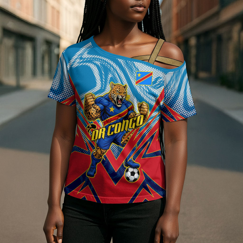 Personalized DR Congo Football Leopard Victory Cross Shoulder Shirt Congolese Soccer Comic Style