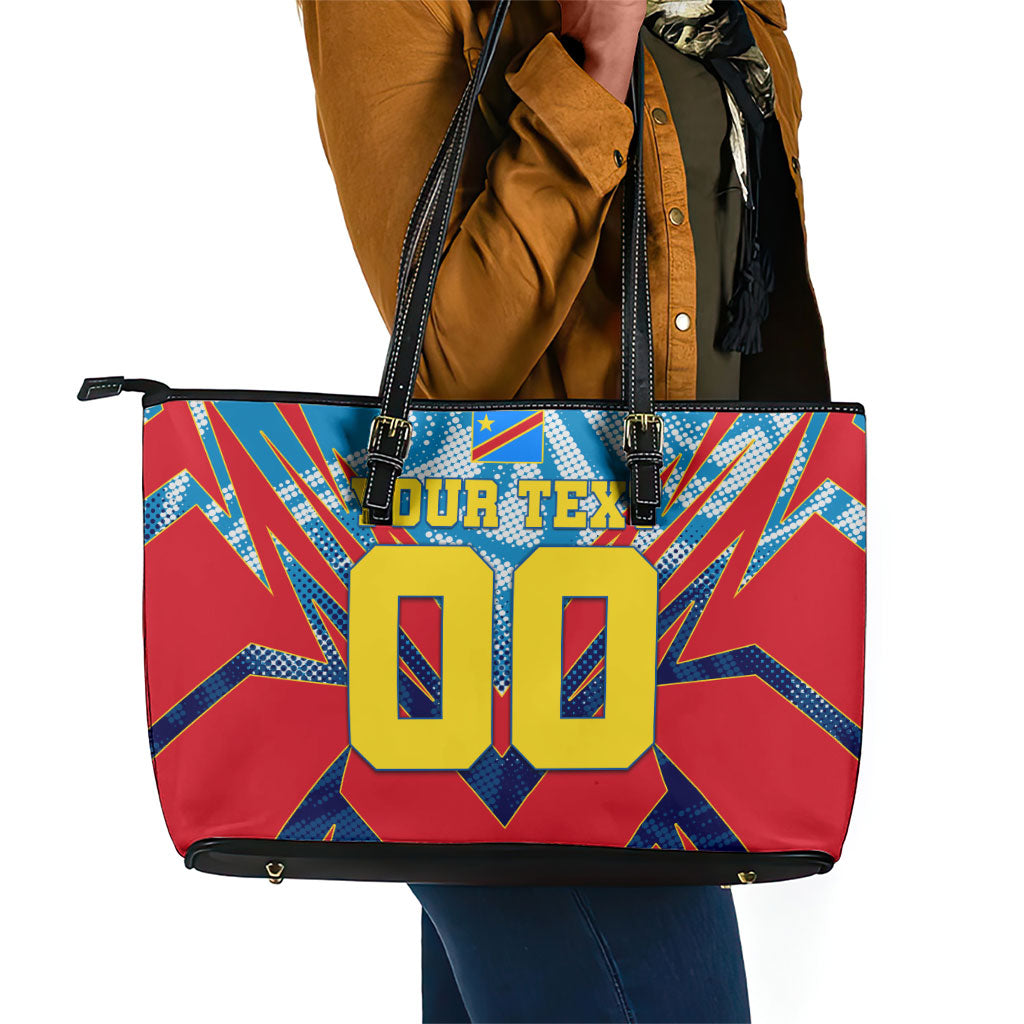 Personalized DR Congo Football Leopard Victory Leather Tote Bag Congolese Soccer Comic Style