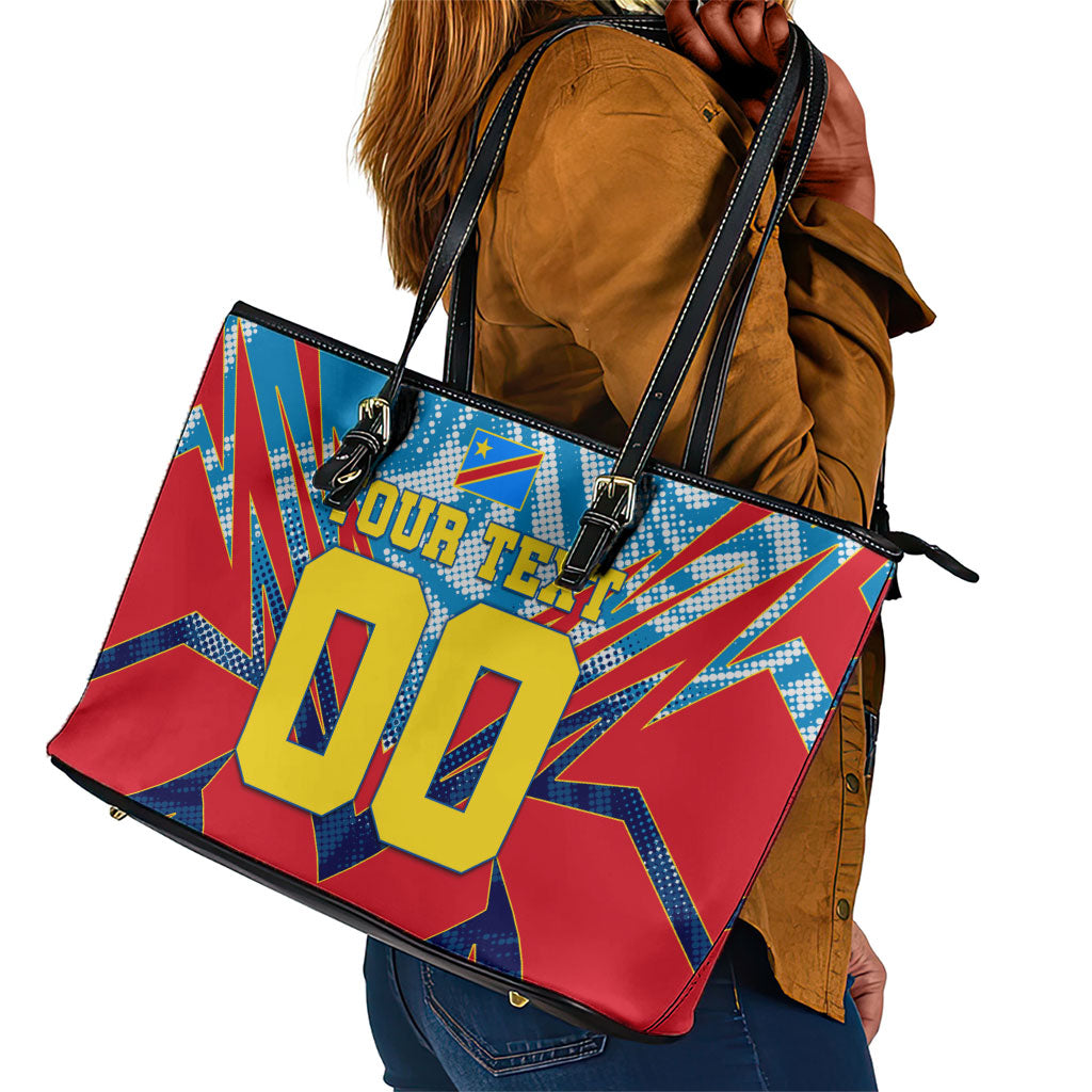 Personalized DR Congo Football Leopard Victory Leather Tote Bag Congolese Soccer Comic Style