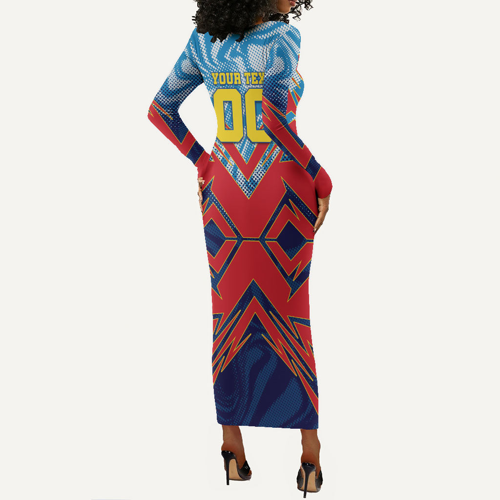 Personalized DR Congo Football Leopard Victory Long Sleeve Bodycon Dress Congolese Soccer Comic Style