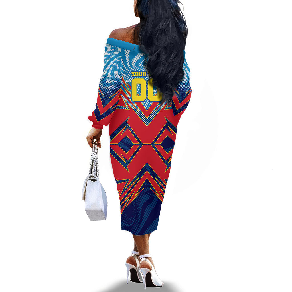 Personalized DR Congo Football Leopard Victory Off The Shoulder Long Sleeve Dress Congolese Soccer Comic Style
