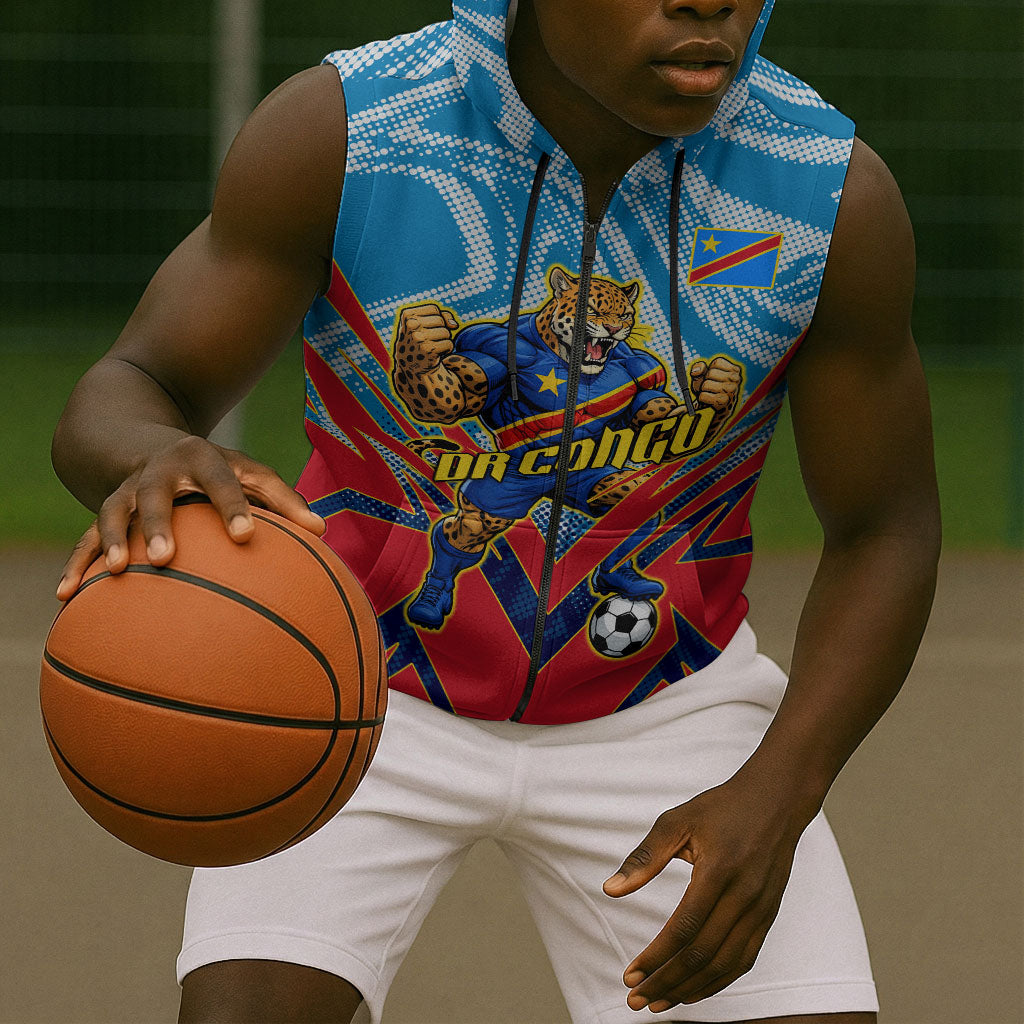 Personalized DR Congo Football Leopard Victory Sleeveless Zip Hoodie Congolese Soccer Comic Style