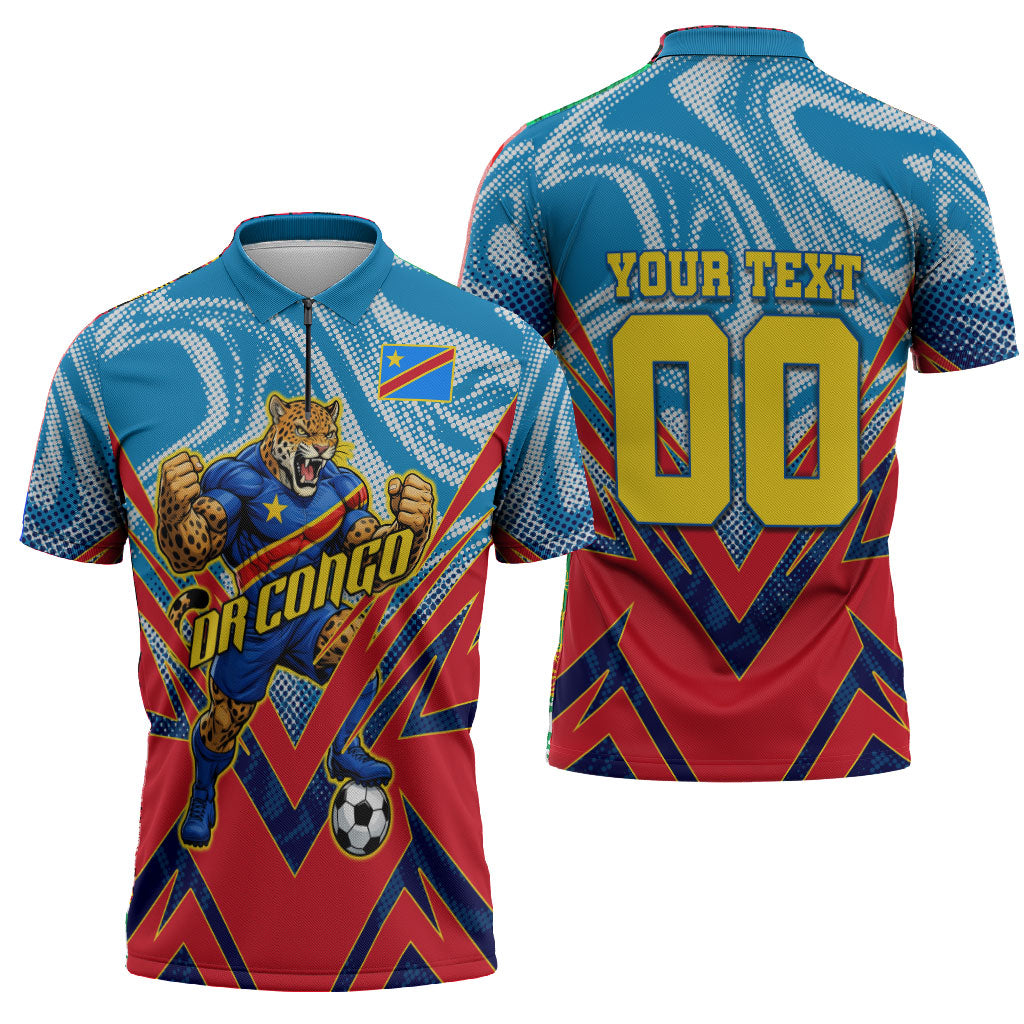 Personalized DR Congo Football Leopard Victory Zipper Polo Shirt Congolese Soccer Comic Style