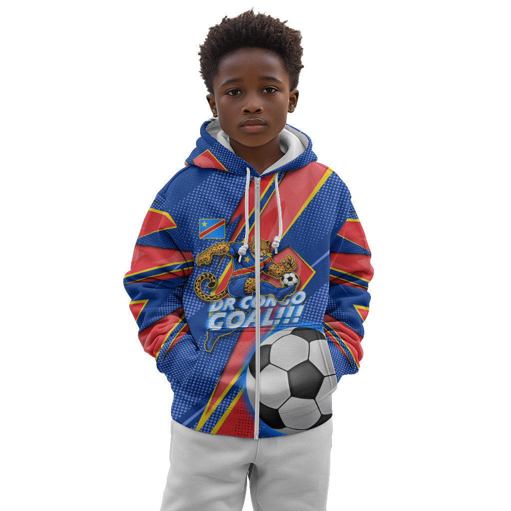 Personalized DR Congo Football Leopard GOAL Kid Hoodie Congolese Football Champion - Dynamic Halftone Soccer Style