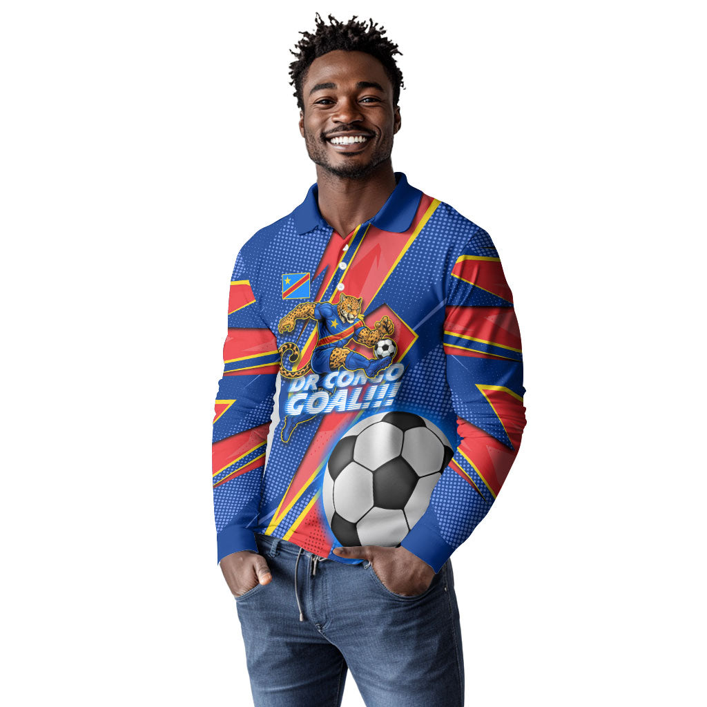 Personalized DR Congo Football Leopard GOAL Long Sleeve Polo Shirt Congolese Football Champion - Dynamic Halftone Soccer Style