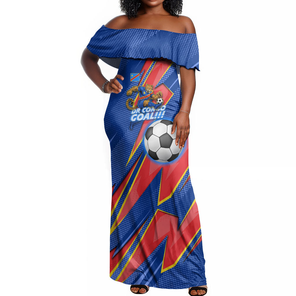 Personalized DR Congo Football Leopard GOAL Off Shoulder Maxi Dress Congolese Football Champion - Dynamic Halftone Soccer Style