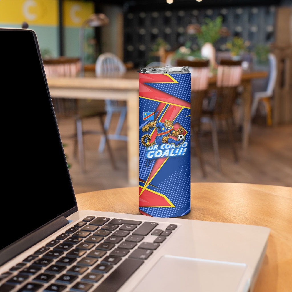 Personalized DR Congo Football Leopard GOAL Skinny Tumbler Congolese Football Champion - Dynamic Halftone Soccer Style