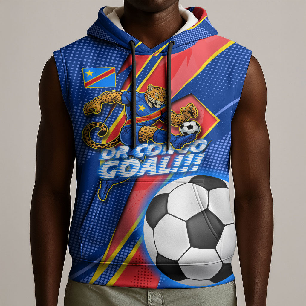 Personalized DR Congo Football Leopard GOAL Sleeveless Hoodie Congolese Football Champion - Dynamic Halftone Soccer Style