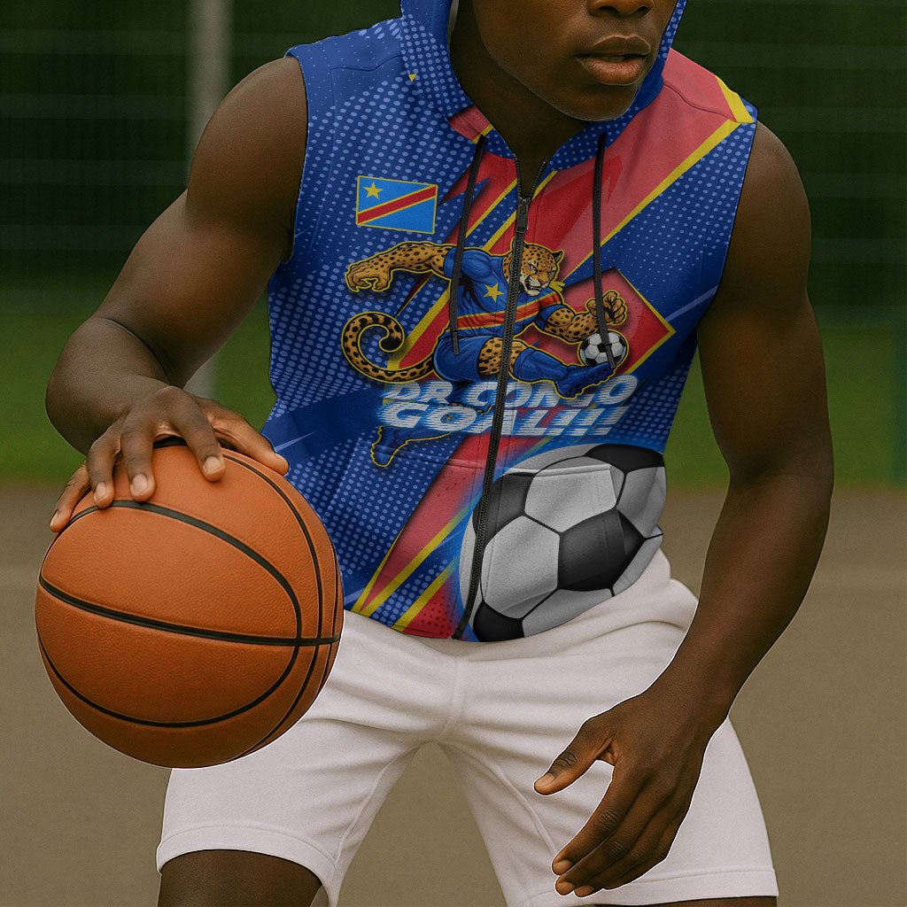 Personalized DR Congo Football Leopard GOAL Sleeveless Zip Hoodie Congolese Football Champion - Dynamic Halftone Soccer Style