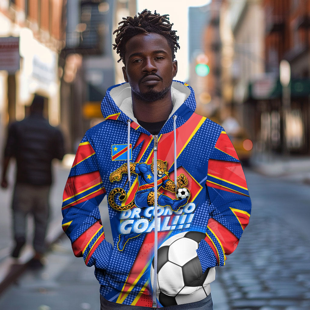 Personalized DR Congo Football Leopard GOAL Zip Hoodie Congolese Football Champion - Dynamic Halftone Soccer Style