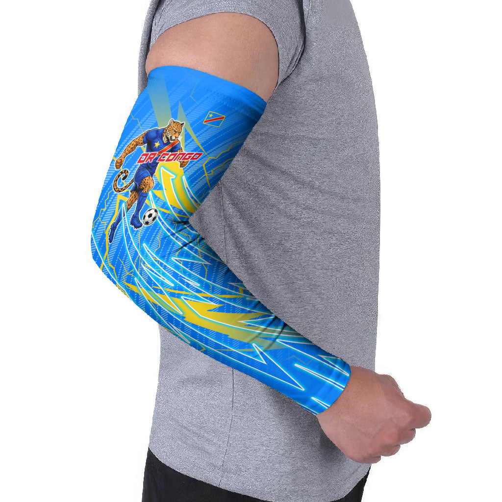Personalized DR Congo Football Arm Sleeves Lightning Leopard National Flag Motif