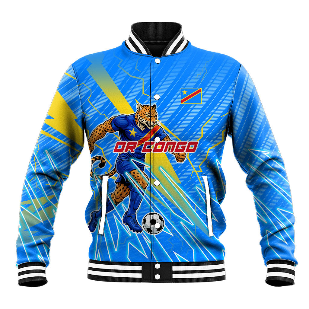 Personalized DR Congo Football Baseball Jacket Lightning Leopard National Flag Motif