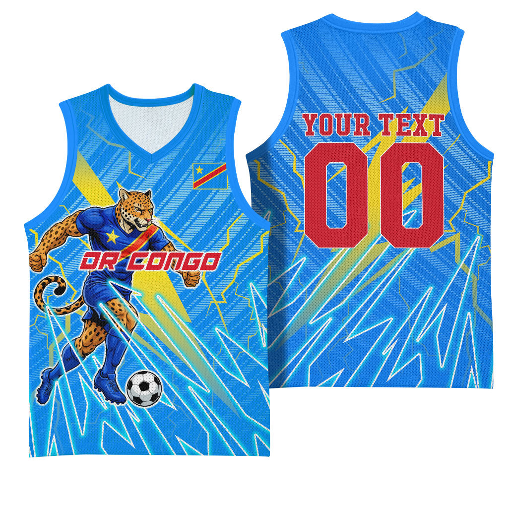 Personalized DR Congo Football Basketball Jersey Lightning Leopard National Flag Motif