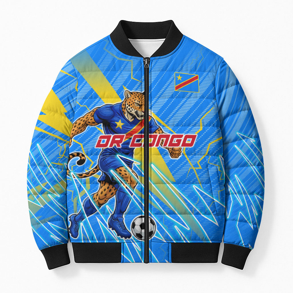 Personalized DR Congo Football Bomber Puffer Jacket Lightning Leopard National Flag Motif