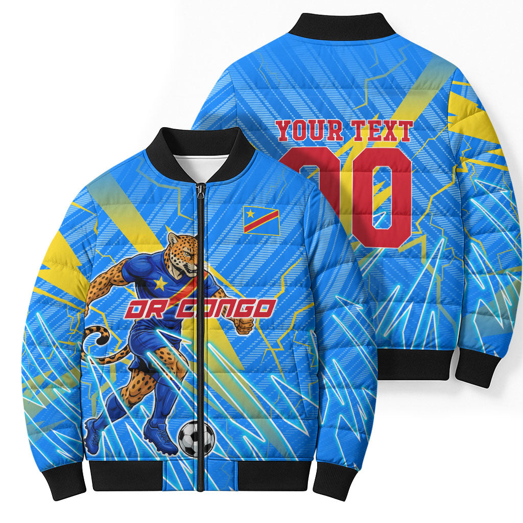 Personalized DR Congo Football Bomber Puffer Jacket Lightning Leopard National Flag Motif