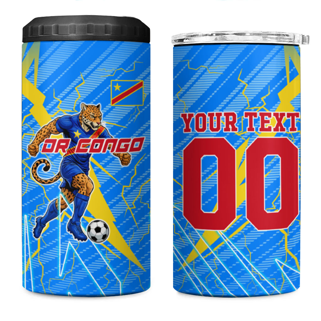 Personalized DR Congo Football 4 in 1 Can Cooler Tumbler Lightning Leopard National Flag Motif