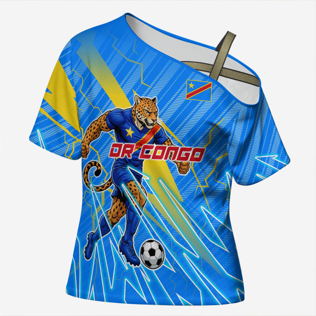 Personalized DR Congo Football Cross Shoulder Shirt Lightning Leopard National Flag Motif
