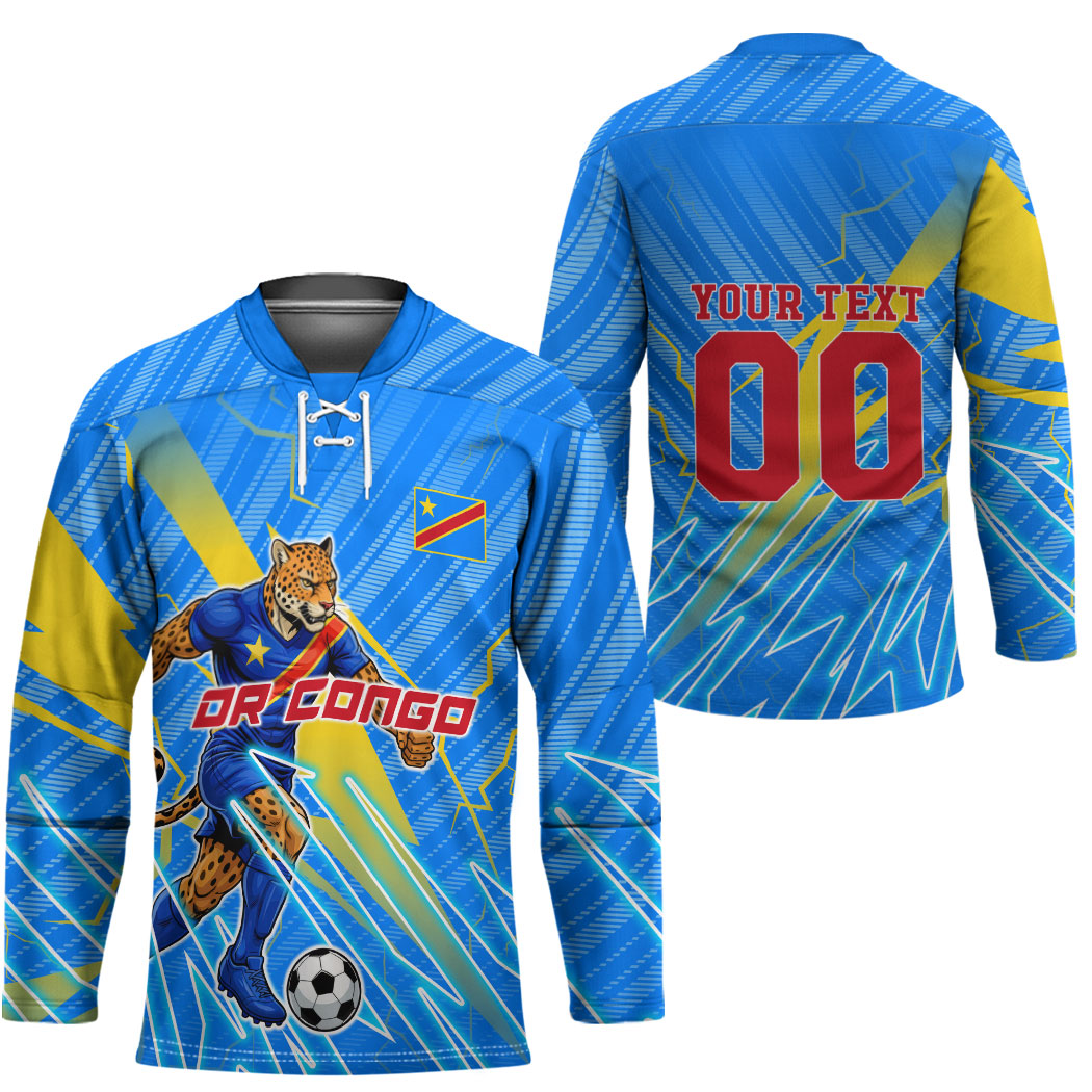 Personalized DR Congo Football Hockey Jersey Lightning Leopard National Flag Motif