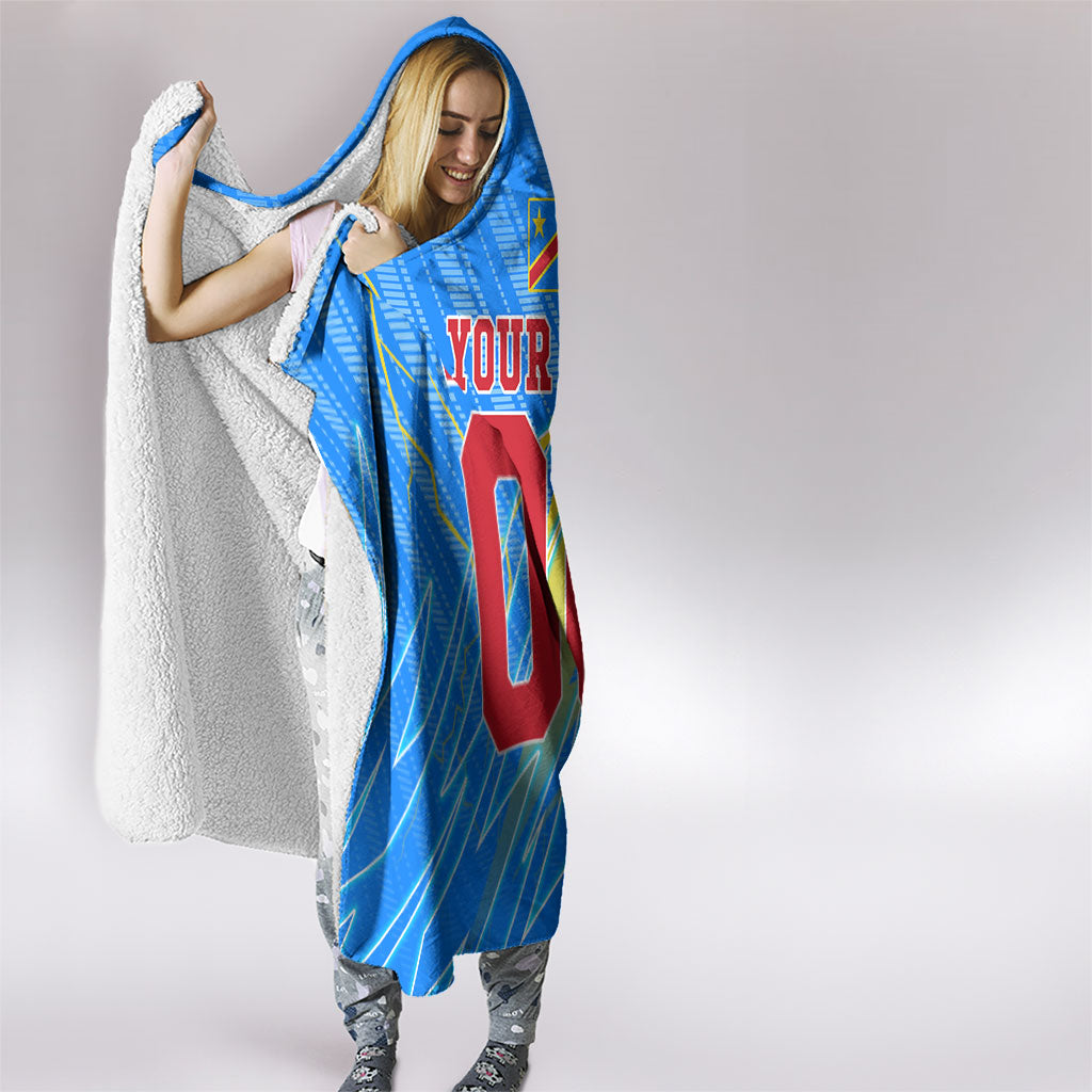 Personalized DR Congo Football Hooded Blanket Lightning Leopard National Flag Motif