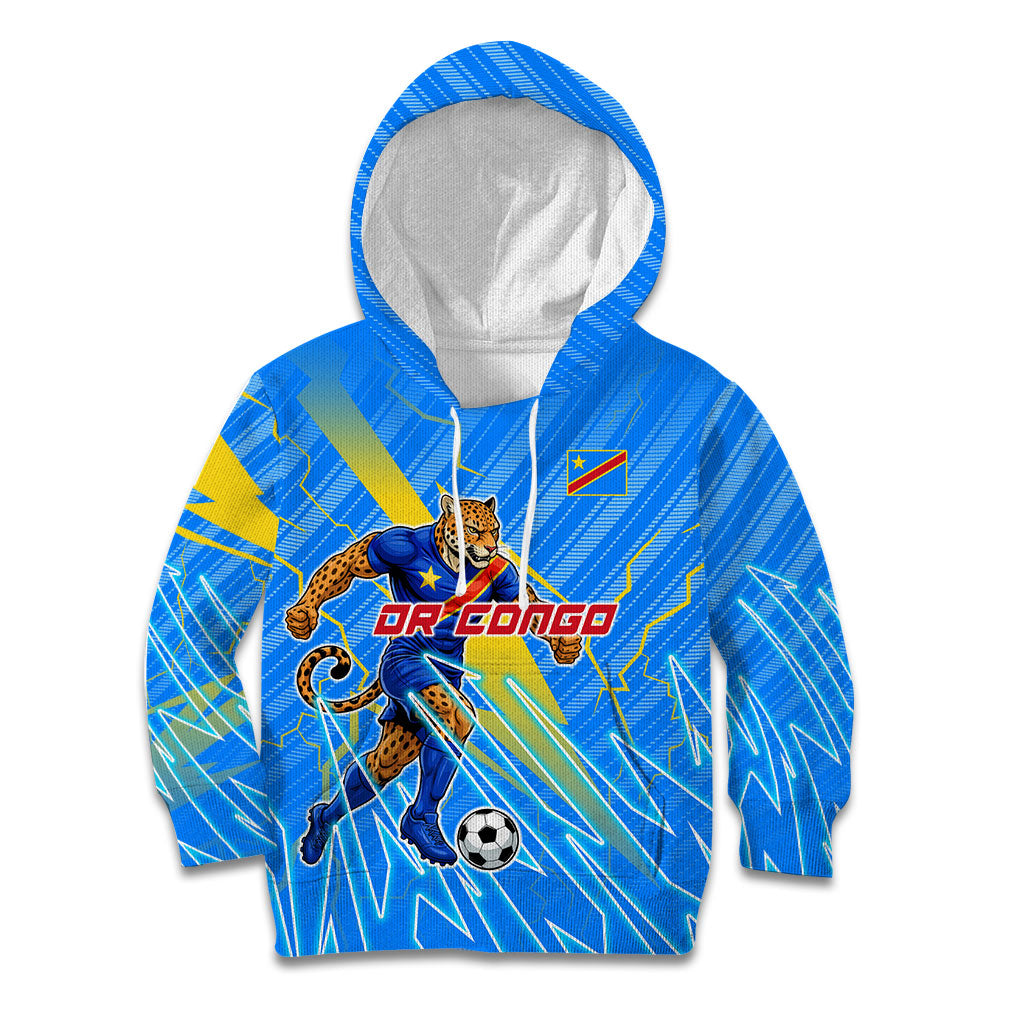Personalized DR Congo Football Kid Hoodie Lightning Leopard National Flag Motif