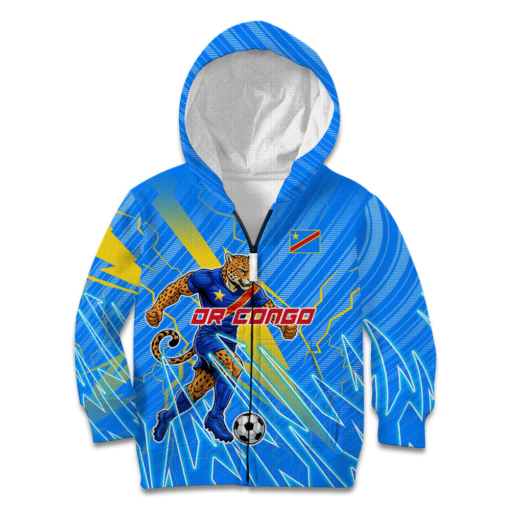 Personalized DR Congo Football Kid Hoodie Lightning Leopard National Flag Motif