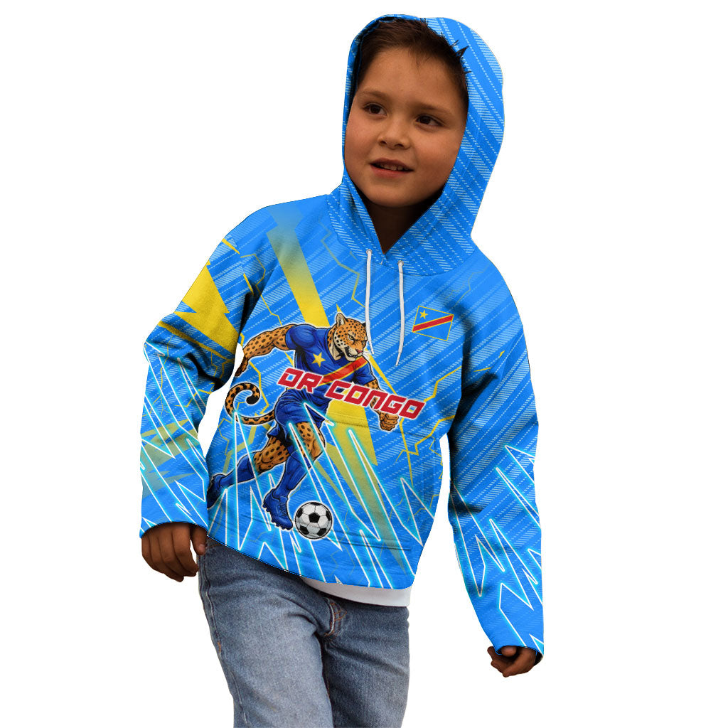 Personalized DR Congo Football Kid Hoodie Lightning Leopard National Flag Motif