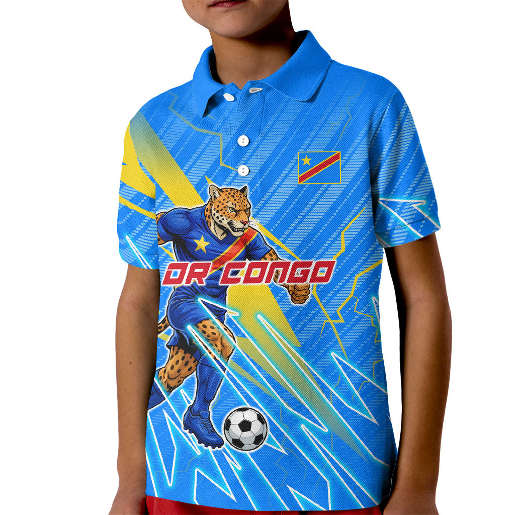Personalized DR Congo Football Kid Polo Shirt Lightning Leopard National Flag Motif