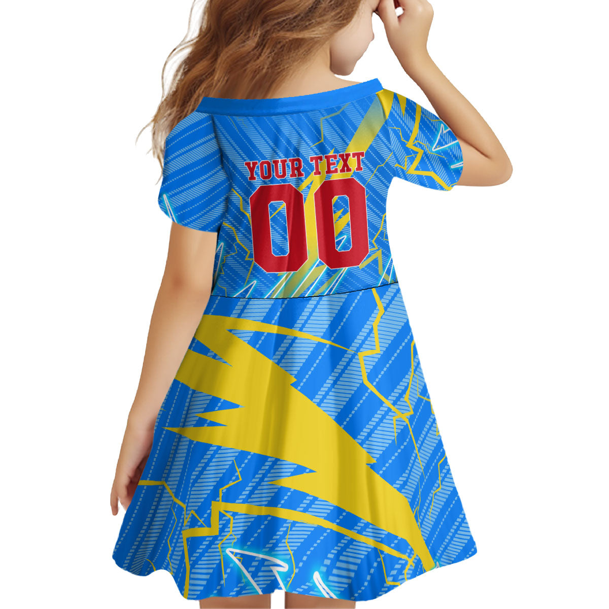 Personalized DR Congo Football Kid Short Sleeve Dress Lightning Leopard National Flag Motif