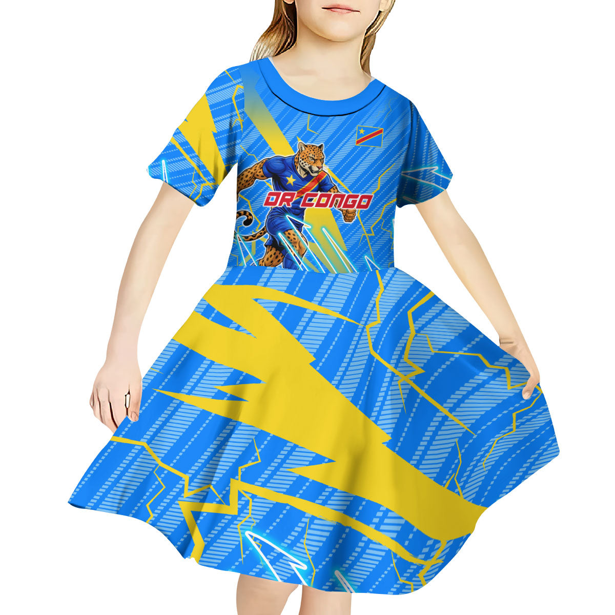 Personalized DR Congo Football Kid Short Sleeve Dress Lightning Leopard National Flag Motif