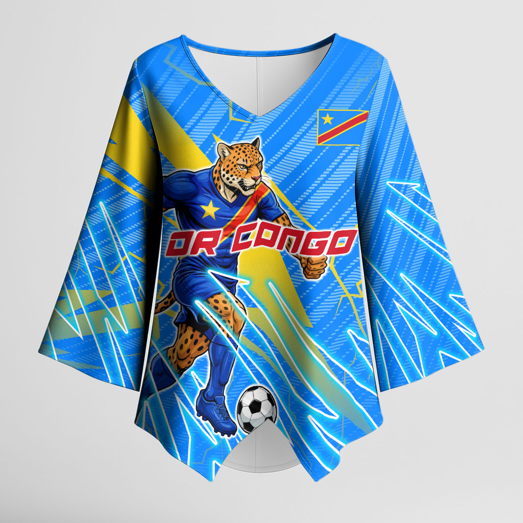Personalized DR Congo Football Kimono Sleeve Blouse Lightning Leopard National Flag Motif