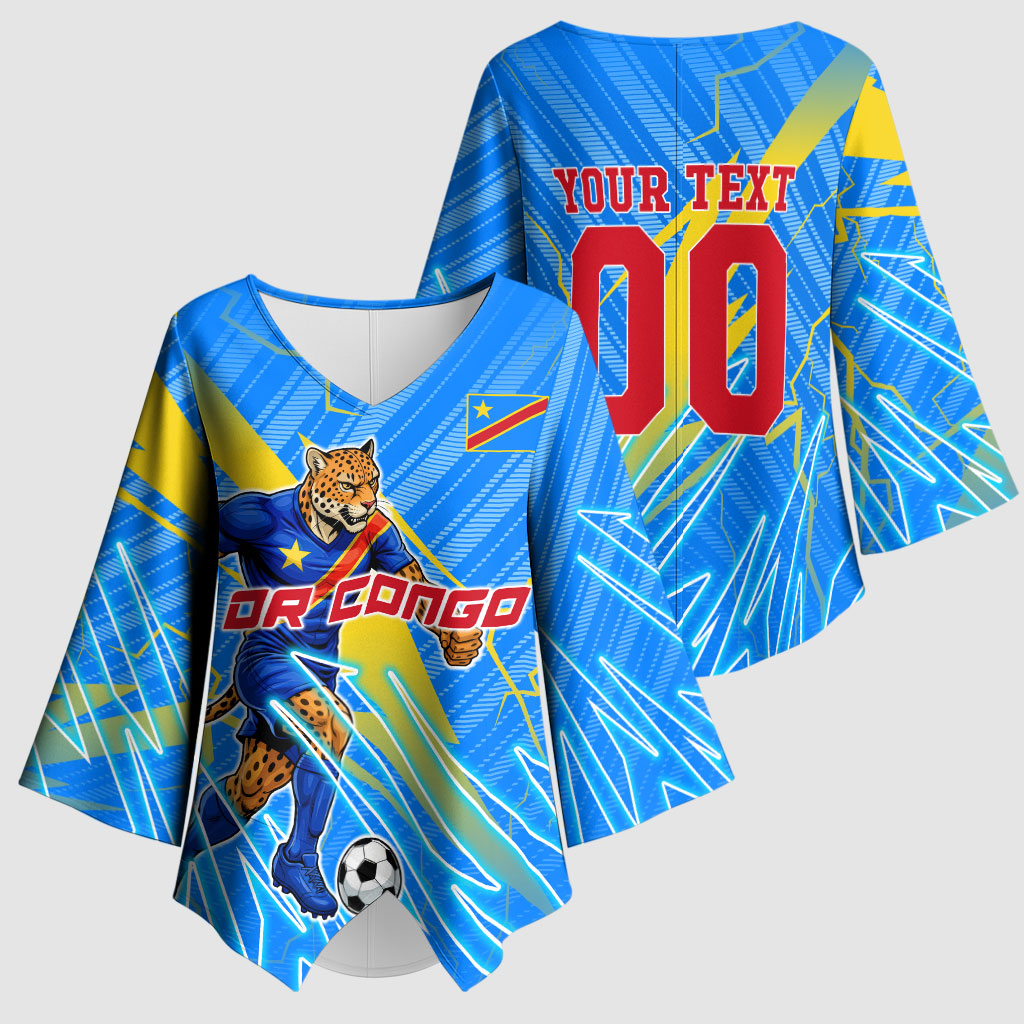 Personalized DR Congo Football Kimono Sleeve Blouse Lightning Leopard National Flag Motif