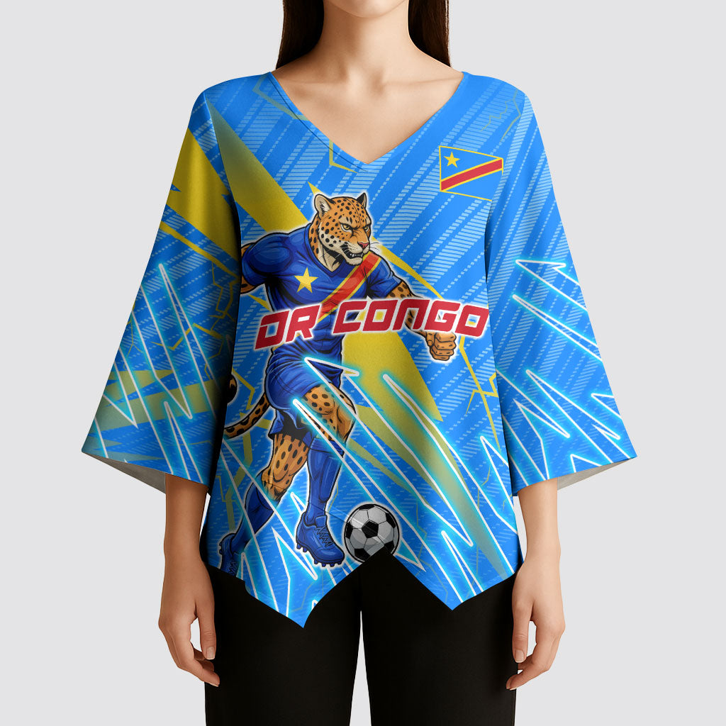 Personalized DR Congo Football Kimono Sleeve Blouse Lightning Leopard National Flag Motif