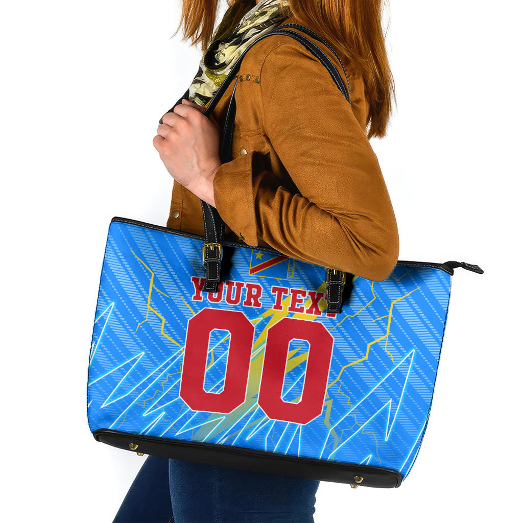 Personalized DR Congo Football Leather Tote Bag Lightning Leopard National Flag Motif