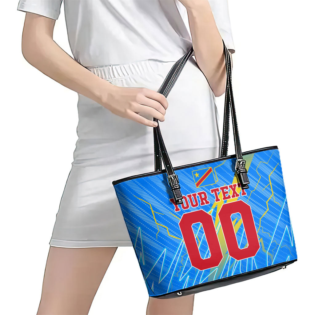 Personalized DR Congo Football Leather Tote Bag Lightning Leopard National Flag Motif