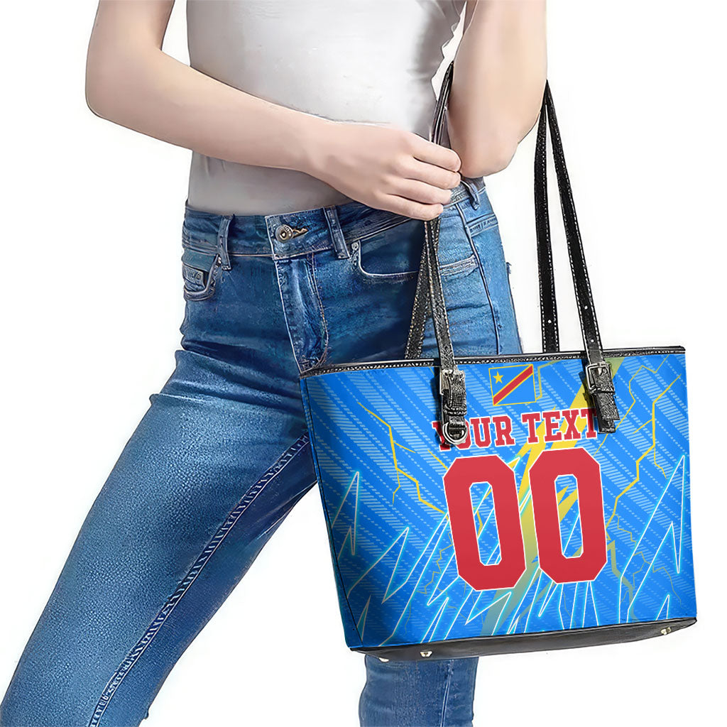 Personalized DR Congo Football Leather Tote Bag Lightning Leopard National Flag Motif