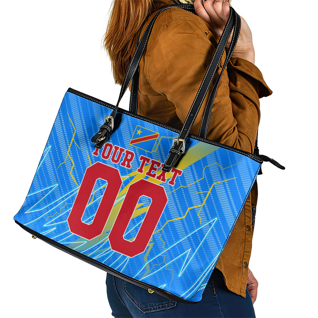 Personalized DR Congo Football Leather Tote Bag Lightning Leopard National Flag Motif