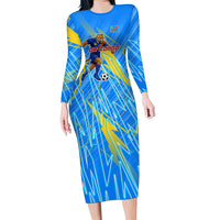 Personalized DR Congo Football Long Sleeve Bodycon Dress Lightning Leopard National Flag Motif
