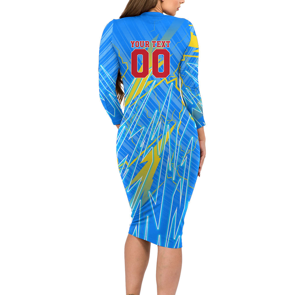 Personalized DR Congo Football Long Sleeve Bodycon Dress Lightning Leopard National Flag Motif