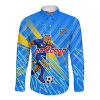 Personalized DR Congo Football Long Sleeve Button Shirt Lightning Leopard National Flag Motif