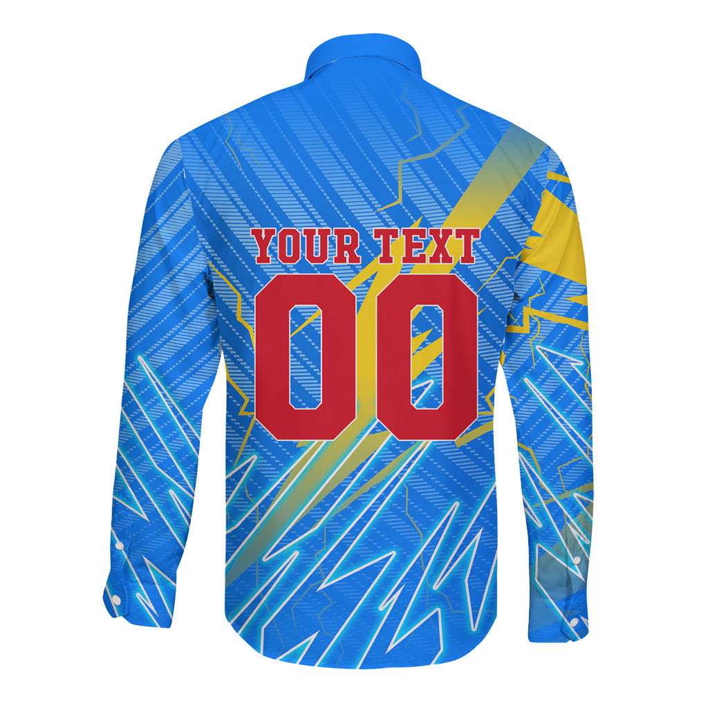 Personalized DR Congo Football Long Sleeve Button Shirt Lightning Leopard National Flag Motif