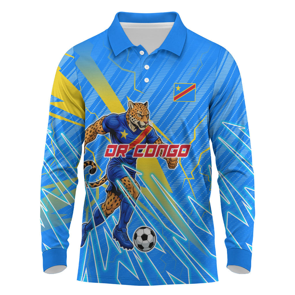 Personalized DR Congo Football Long Sleeve Polo Shirt Lightning Leopard National Flag Motif
