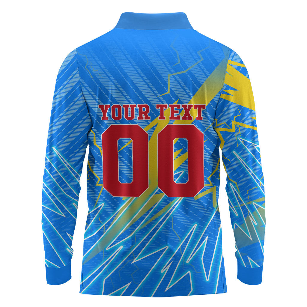 Personalized DR Congo Football Long Sleeve Polo Shirt Lightning Leopard National Flag Motif