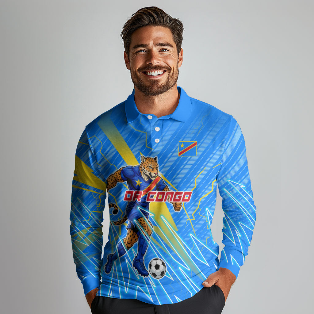 Personalized DR Congo Football Long Sleeve Polo Shirt Lightning Leopard National Flag Motif