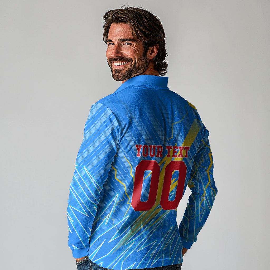 Personalized DR Congo Football Long Sleeve Polo Shirt Lightning Leopard National Flag Motif