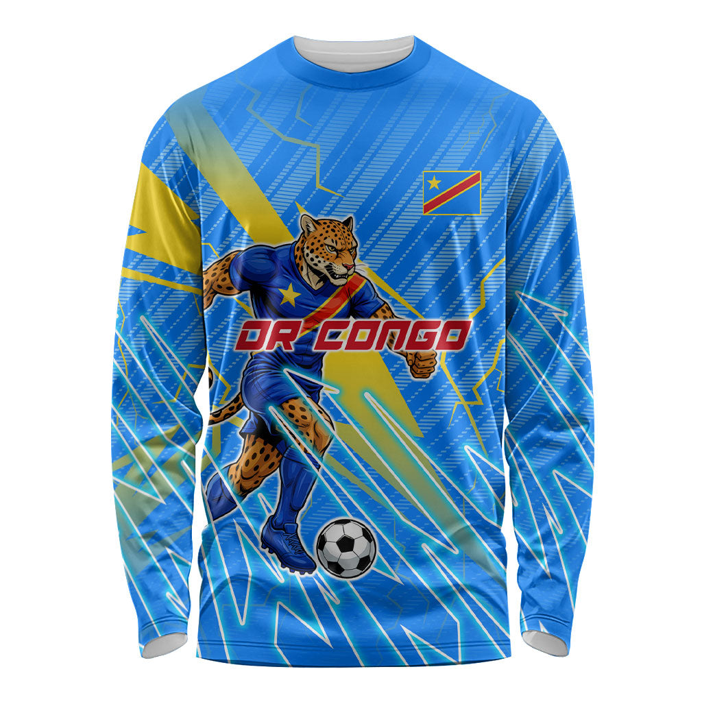 Personalized DR Congo Football Long Sleeve Shirt Lightning Leopard National Flag Motif