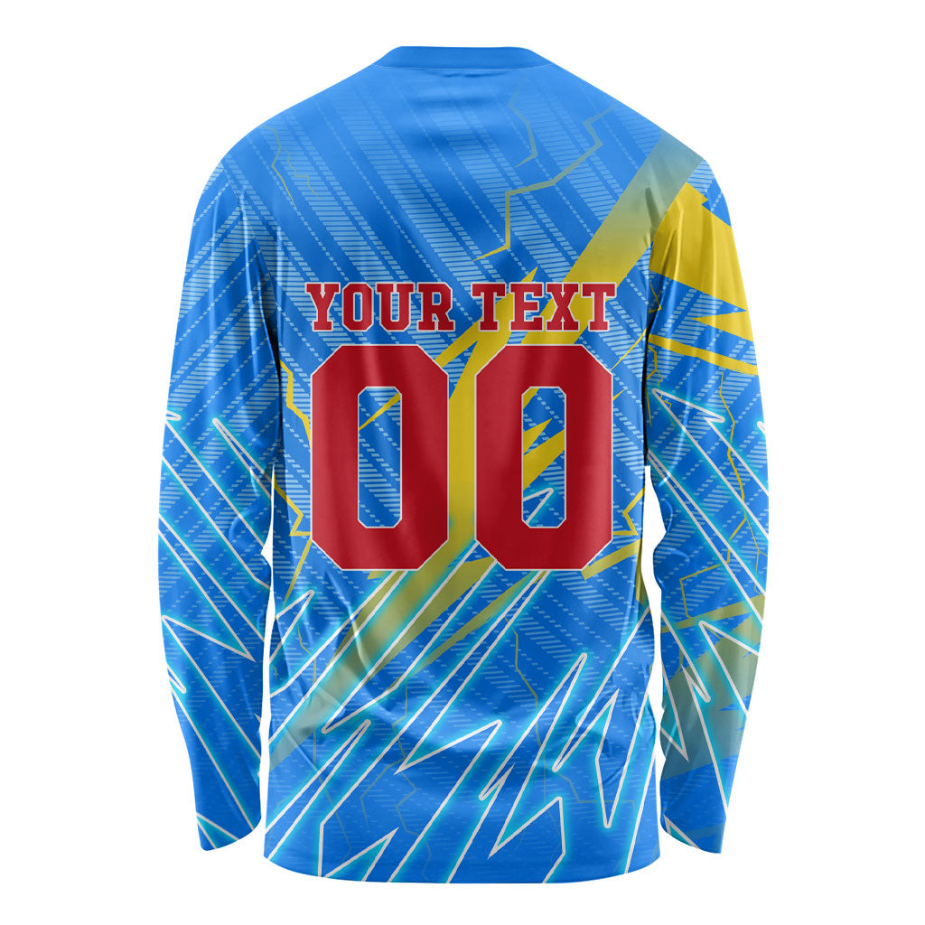 Personalized DR Congo Football Long Sleeve Shirt Lightning Leopard National Flag Motif